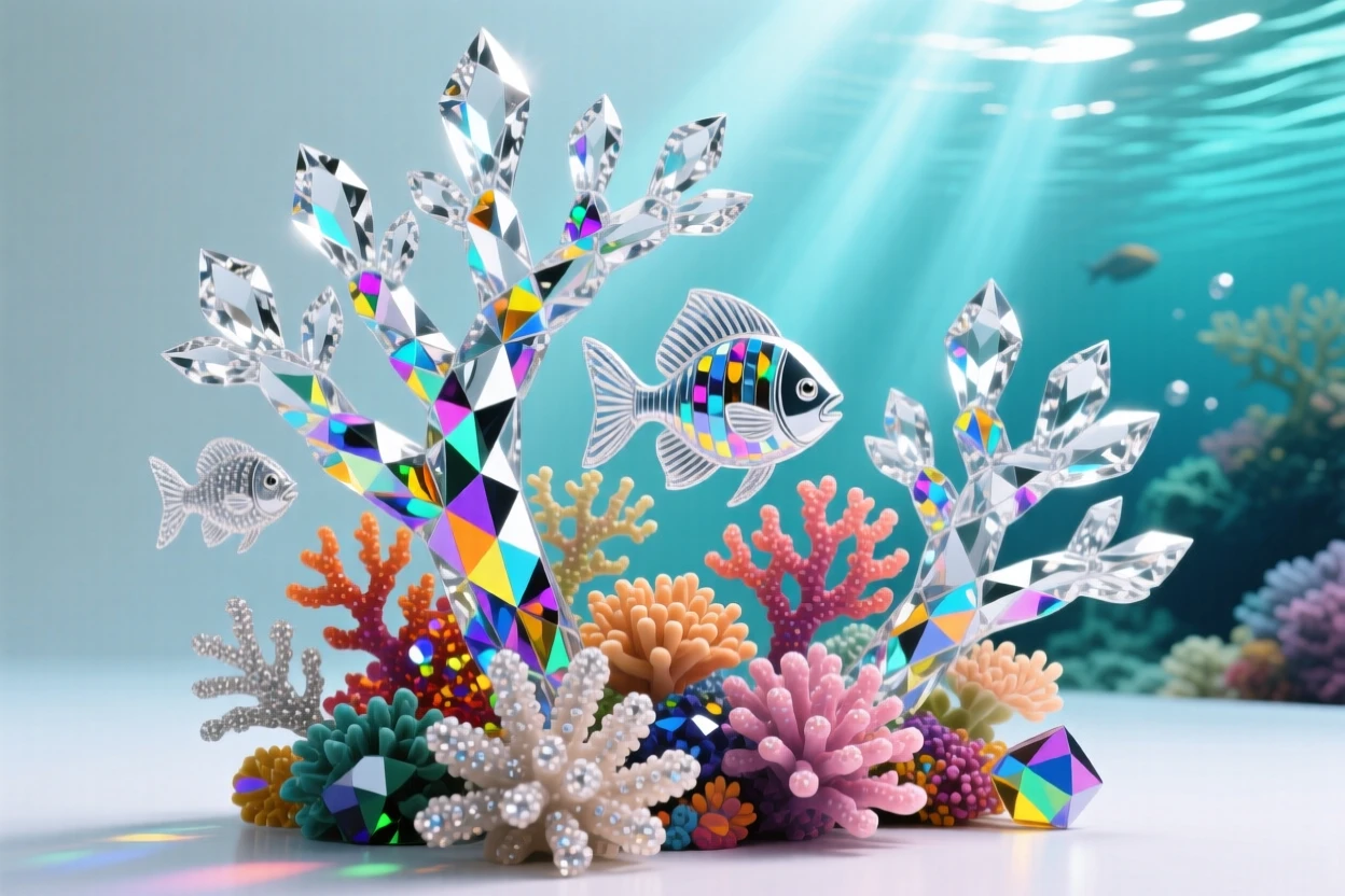 A coral reef teeming with color, sunbeams piercing turquoise water above.