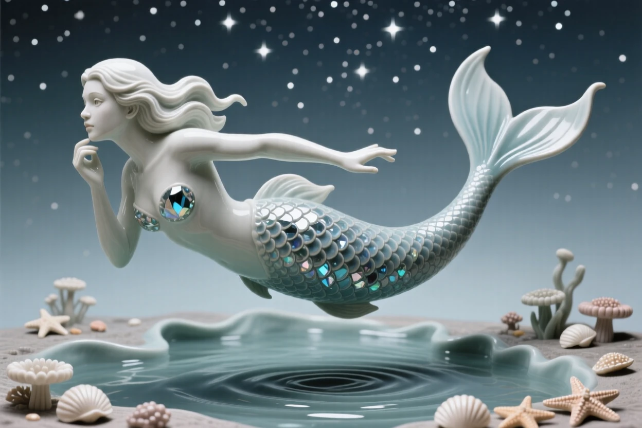 A mermaid gazing into tide pools frozen mid-flight against a starry sky, with scales that seem to shimmer like jewels, radiating noble power tempered with gentleness.