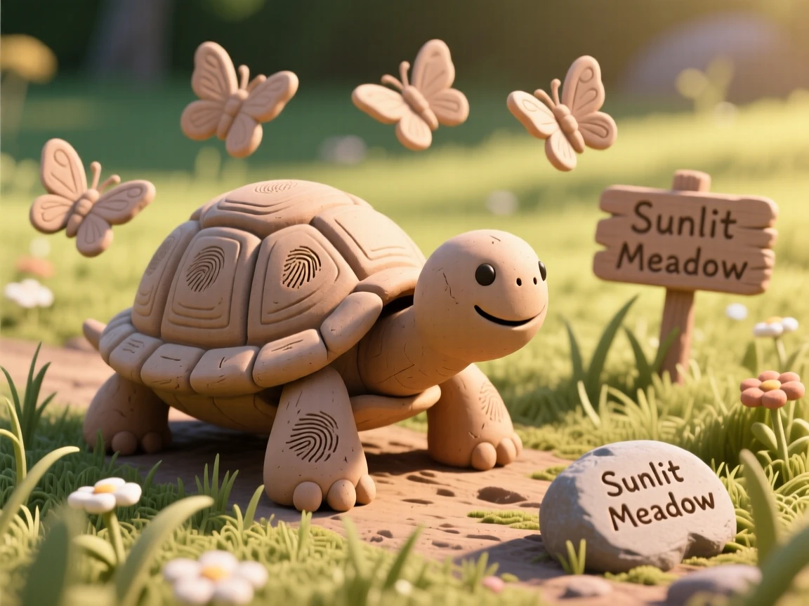 A tortoise slowly crossing a sunlit meadow trailed by butterflies