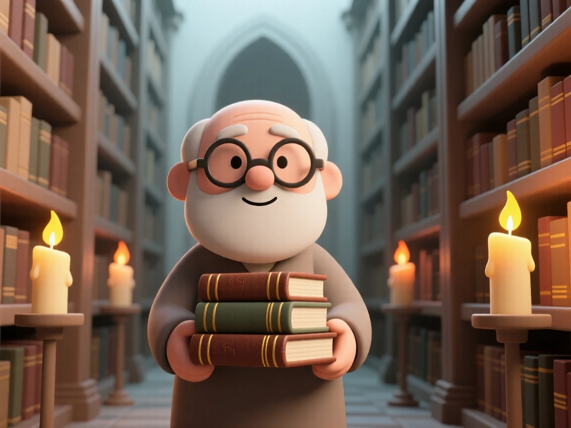 A wise old librarian in round spectacles carefully shelves a stack of ancient leather-bound books inside a towering candlelit library.