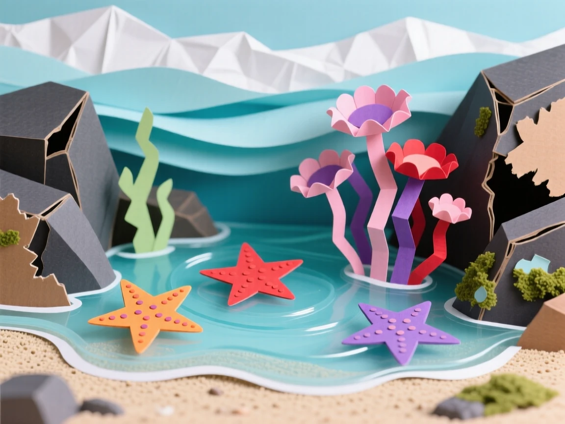 A coastal tide pool ecosystem at low tide, colorful starfish and anemones visible in clear shallow water, rugged rocks framing the scene, and gentle waves in the background, evoking the hidden richness of the sea.