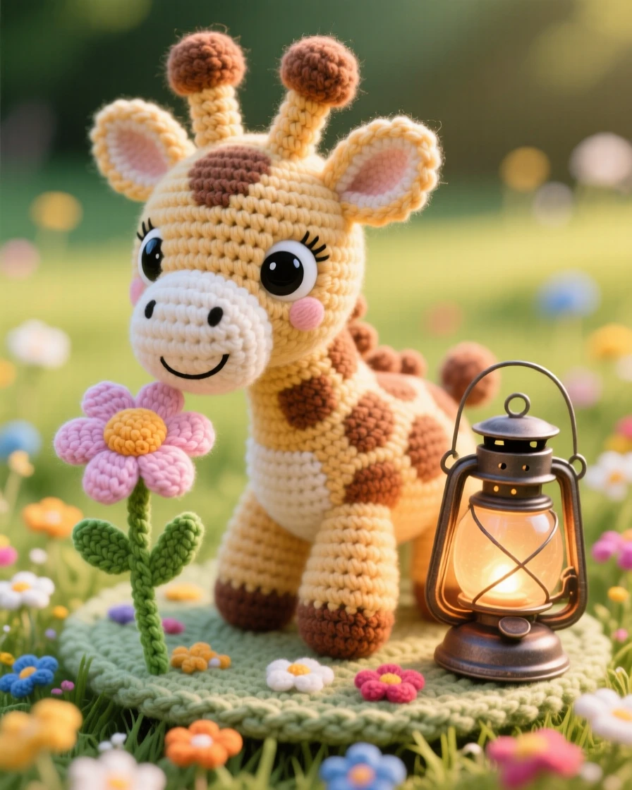 a baby giraffe with knobby legs and short fuzzy horns is shown leaning down to nuzzle a small flower within a sunlit meadow scattered with wildflowers, accompanied by a small lantern glowing warmly beside it, capturing playful mischief bubbling just beneath the surface.
