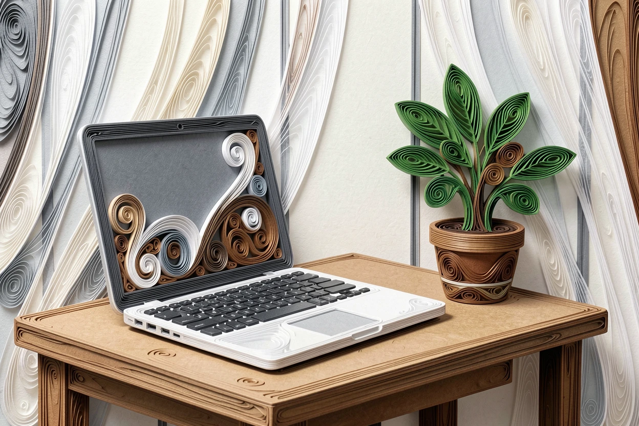 a minimalist home office with a laptop and potted plant, in a modern loft with large windows, arranged with a relaxed, candid, lifestyle feel, with soft morning light filtering through sheer curtains.
