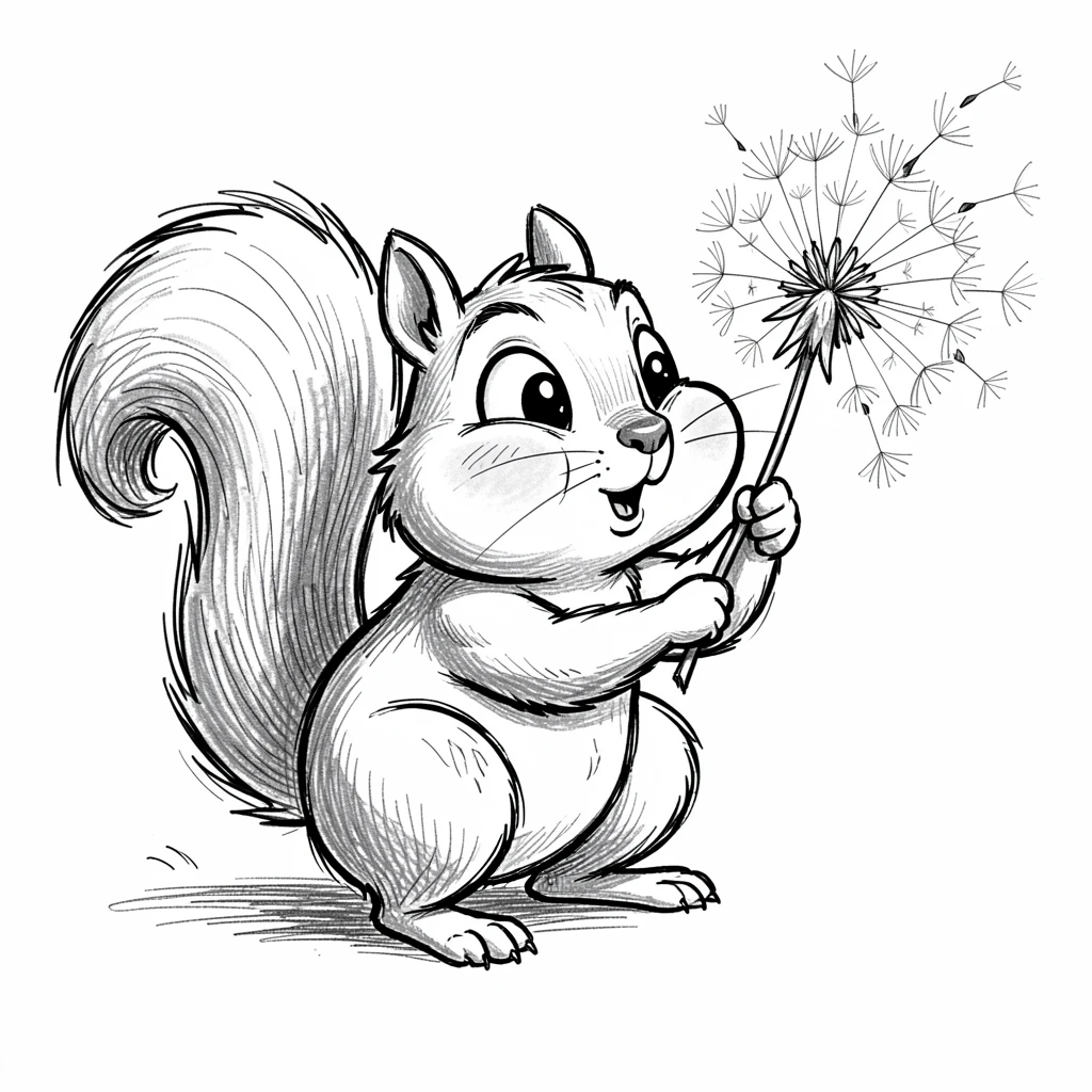 A squirrel with puffed-out cheeks blowing a dandelion.