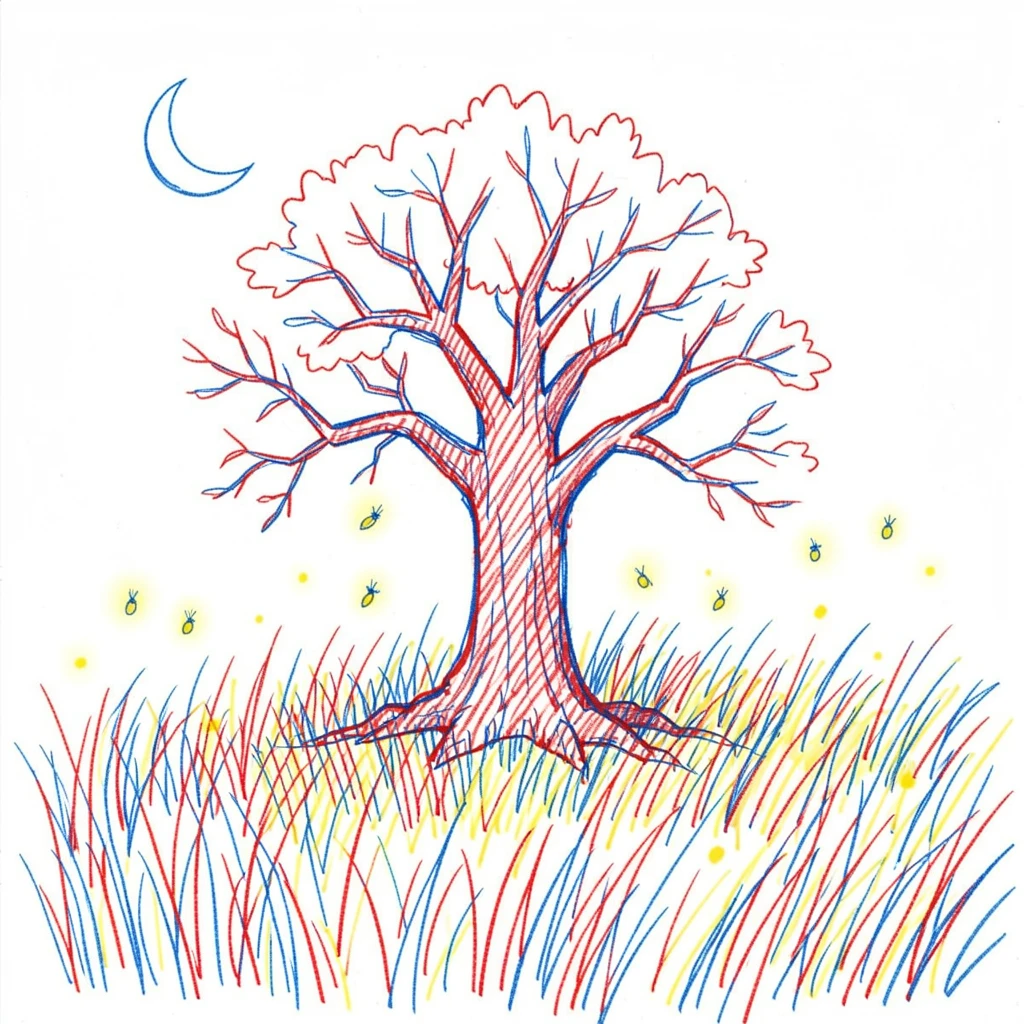 A moonlit meadow with fireflies glowing above tall grass and a single old oak tree