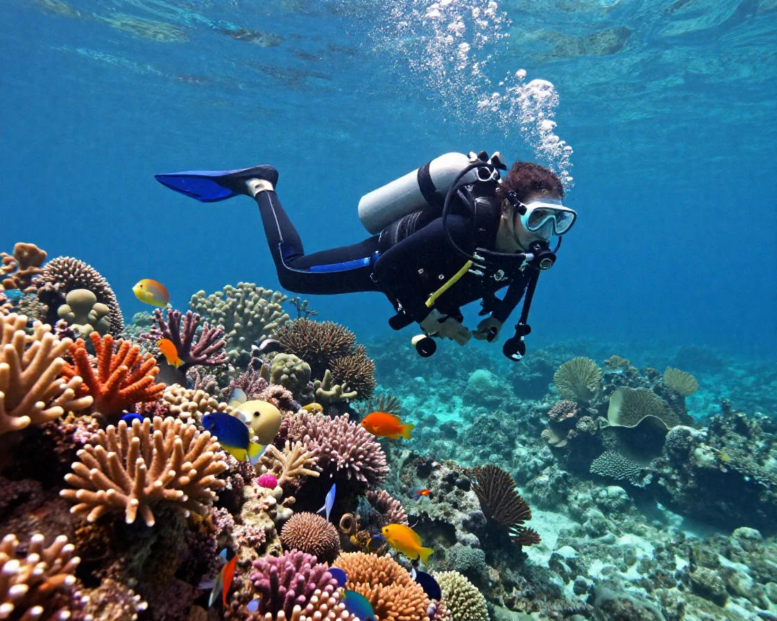 A scuba diver swimming beside a coral reef