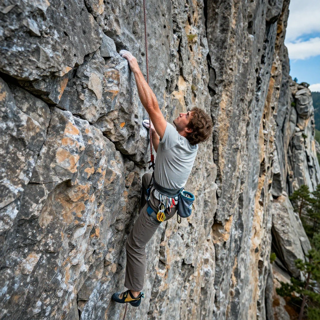 A rock climber reaches for a handhold high on a sheer granite cliff face.