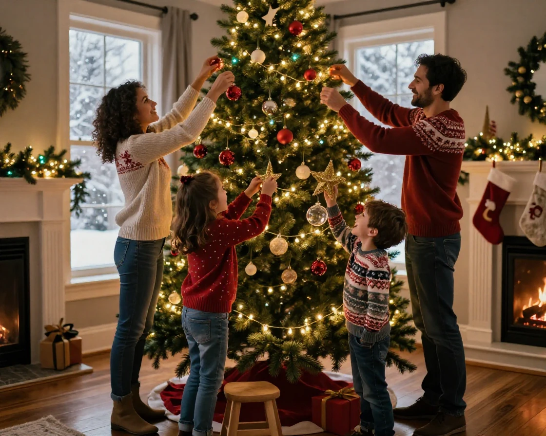 A family decorating a towering Christmas tree with twinkling lights and ornaments