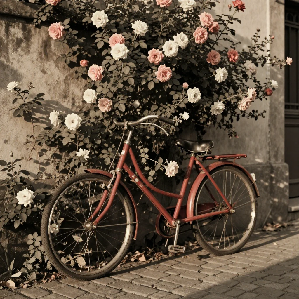 A vintage red bicycle leaning against a flower-covered wall, in low lamplight, in crisp, dry air, as summer fades into fall, with stark black-and-white contrast softened by a single warm hue, from a slightly elevated vantage point.