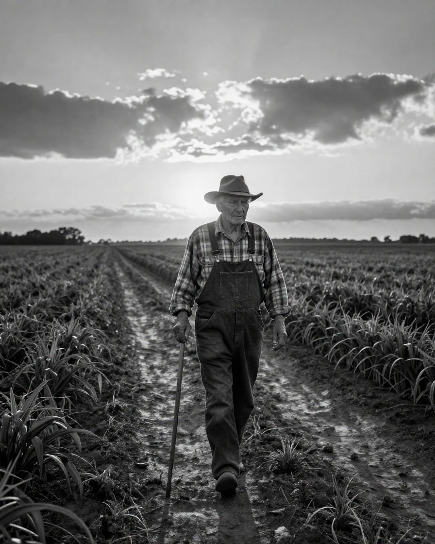 A retired farmer walks his fields at sunset along a quiet dirt path between crops.