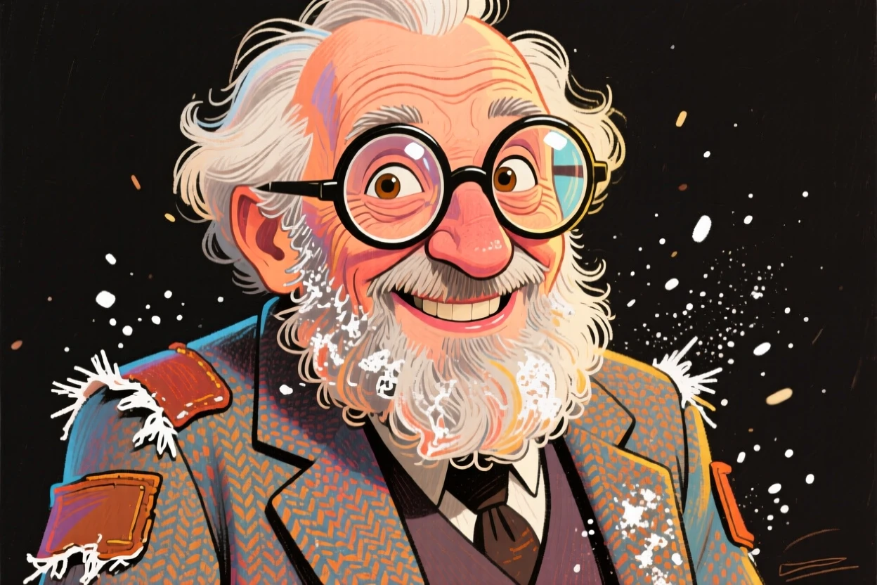 A distinguished professor with round spectacles, a tweed jacket with elbow patches, and a chalk-dusted beard.