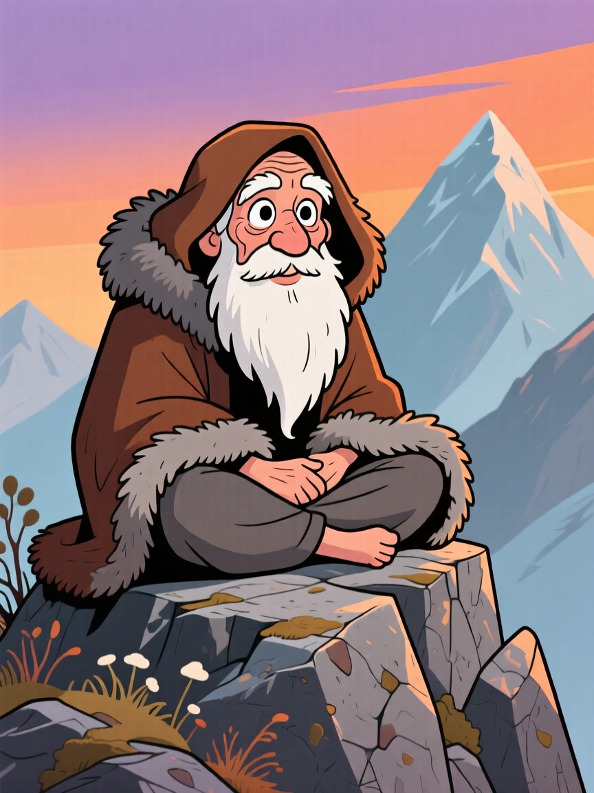 A charming portrait of a wise mountain hermit with a long white beard, sitting cross-legged on a peak, wrapped in a thick fur cloak.