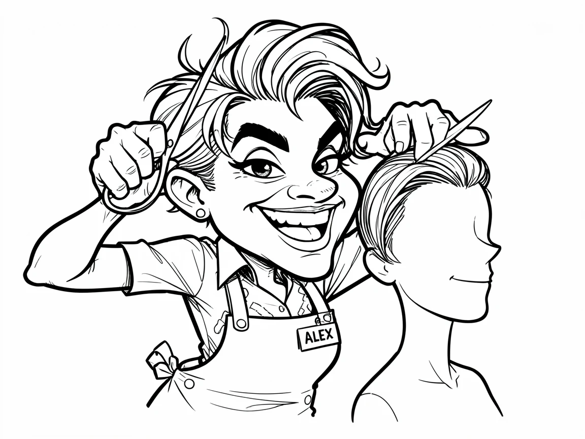 [People Portraits & Characters] Portrait of a stylish hairdresser snipping scissors dramatically around a client's head, full of personality and charm