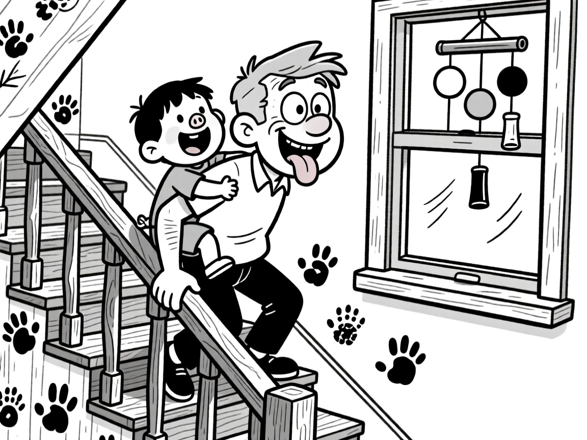 An older brother giving his little sibling a piggyback ride, sticking out a tongue playfully at the camera, set on a squeaky staircase decorated with handprint art. A wind chime sways gently just outside the window. The scene radiates the warm chaos of everyday family love.