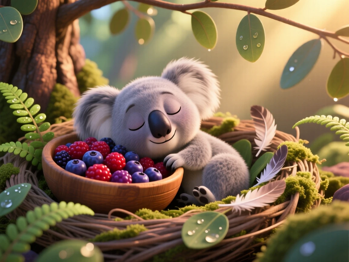 A sleepy koala joey is resting beside a bowl of berries, burrowing into a cozy nest. Playful joy radiates from the small creature, with a faint smile-like expression.
