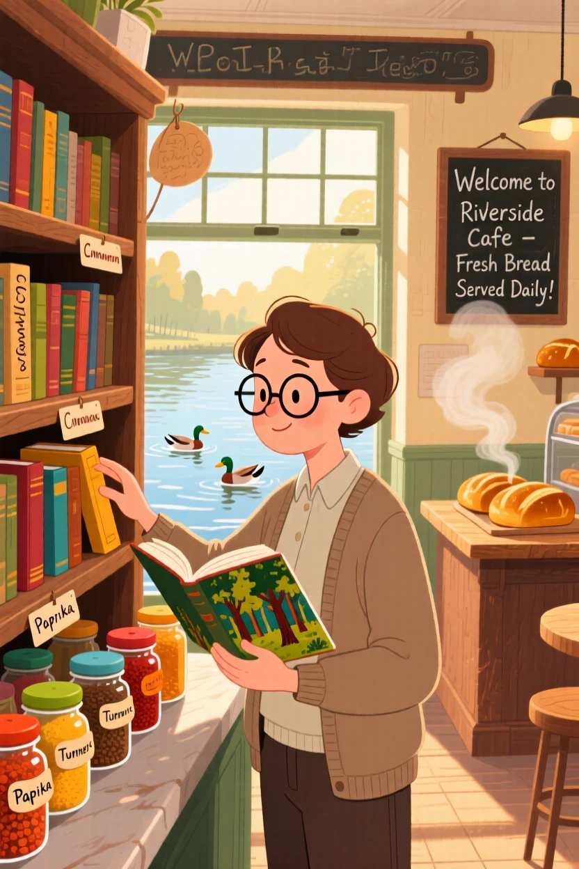 A librarian shelving books pauses while organizing a shelf of colorful spice jars in a riverside café, with the smell of fresh bread drifting through the air.
