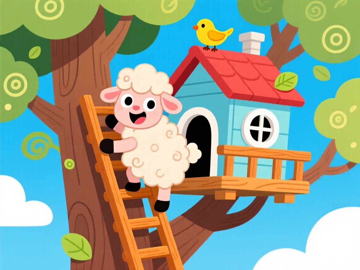 A fluffy lamb climbing a small ladder to a treehouse.