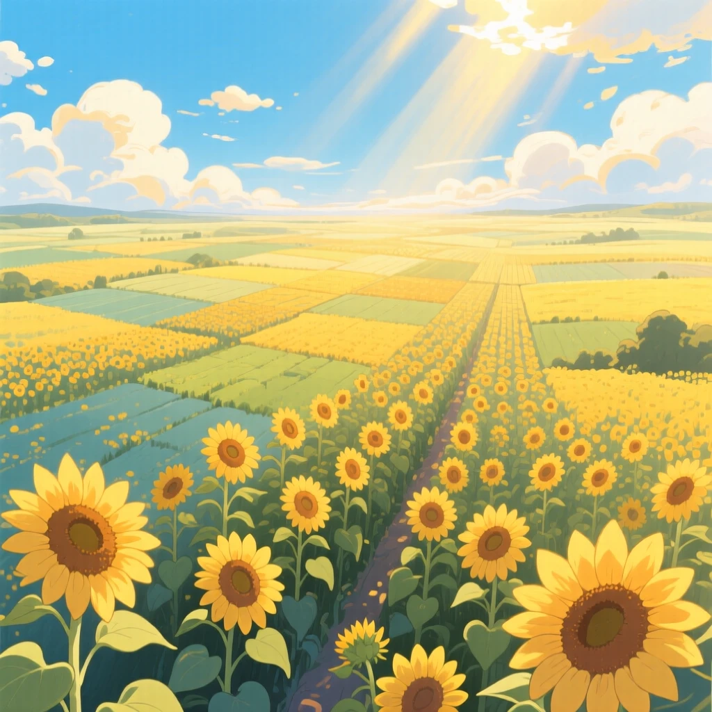 A breathtaking view of a sunflower field turned toward the light, with sunlight breaking through scattered clouds in golden shafts, under a clear midday sky, shown from directly above like a patchwork quilt.