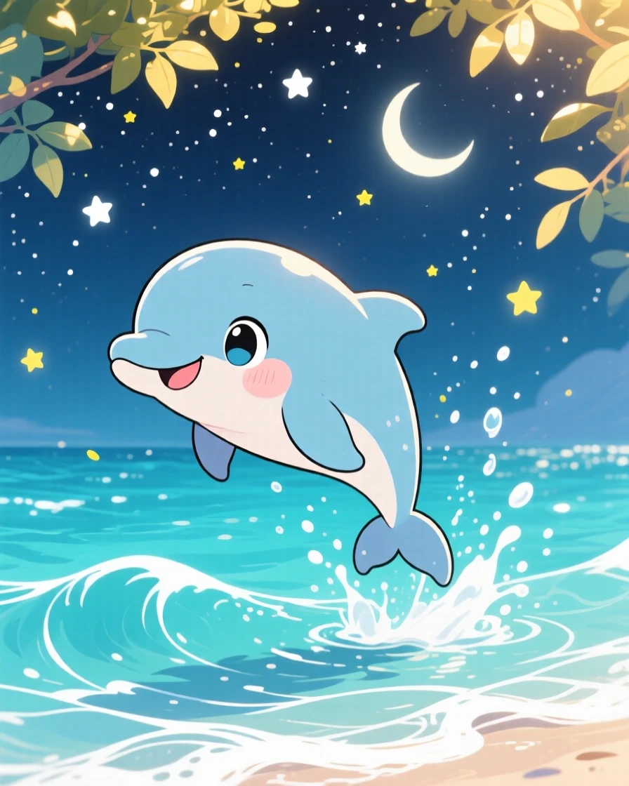 Waist-up portrait: a baby dolphin, leaping playfully over gentle ocean waves, set against a sparkling turquoise sea under a starry midsummer night sky, with dappled sunlight through a canopy and a mood of giggling amusement.