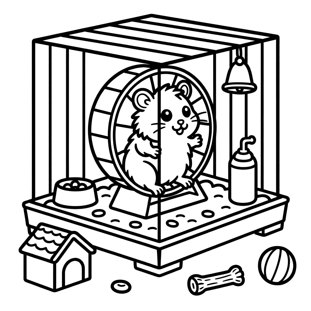 A hamster running on a wheel inside a cozy cage