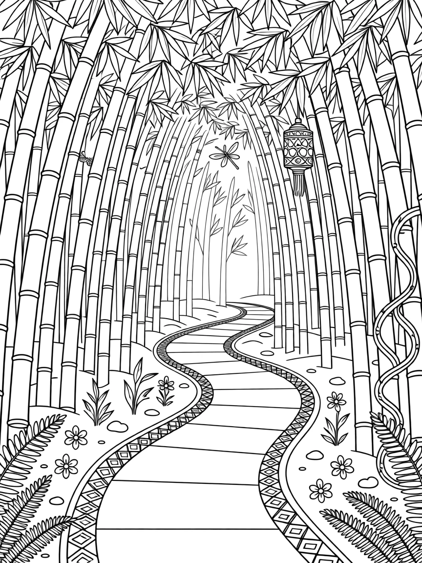 A bamboo forest path with tall stalks leaning together overhead.