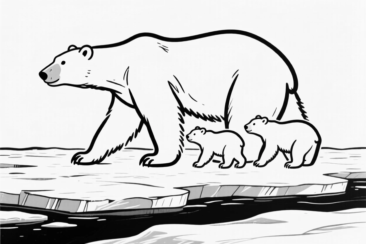 A polar bear mother and two cubs walking across an ice floe.
