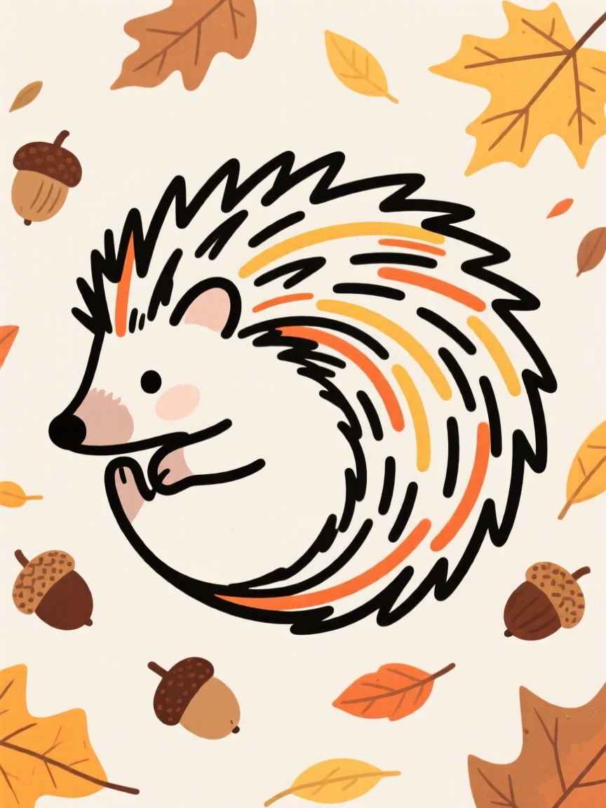 A hedgehog curled into a ball among fallen acorns and leaves.