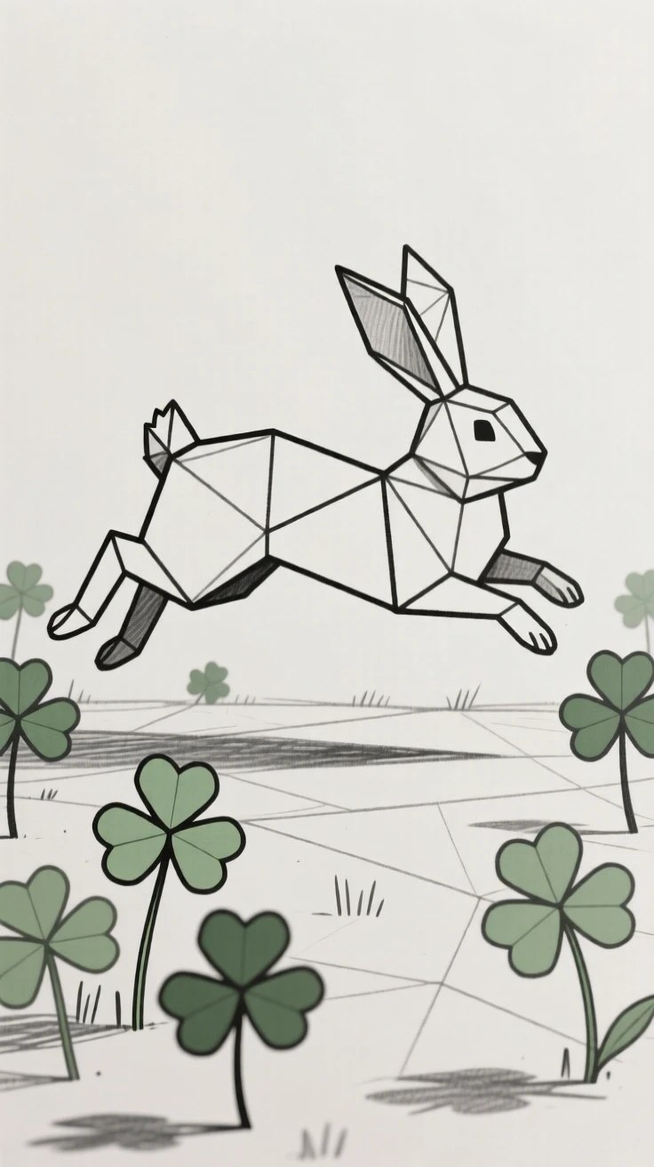 A rabbit hopping through a garden of clover
