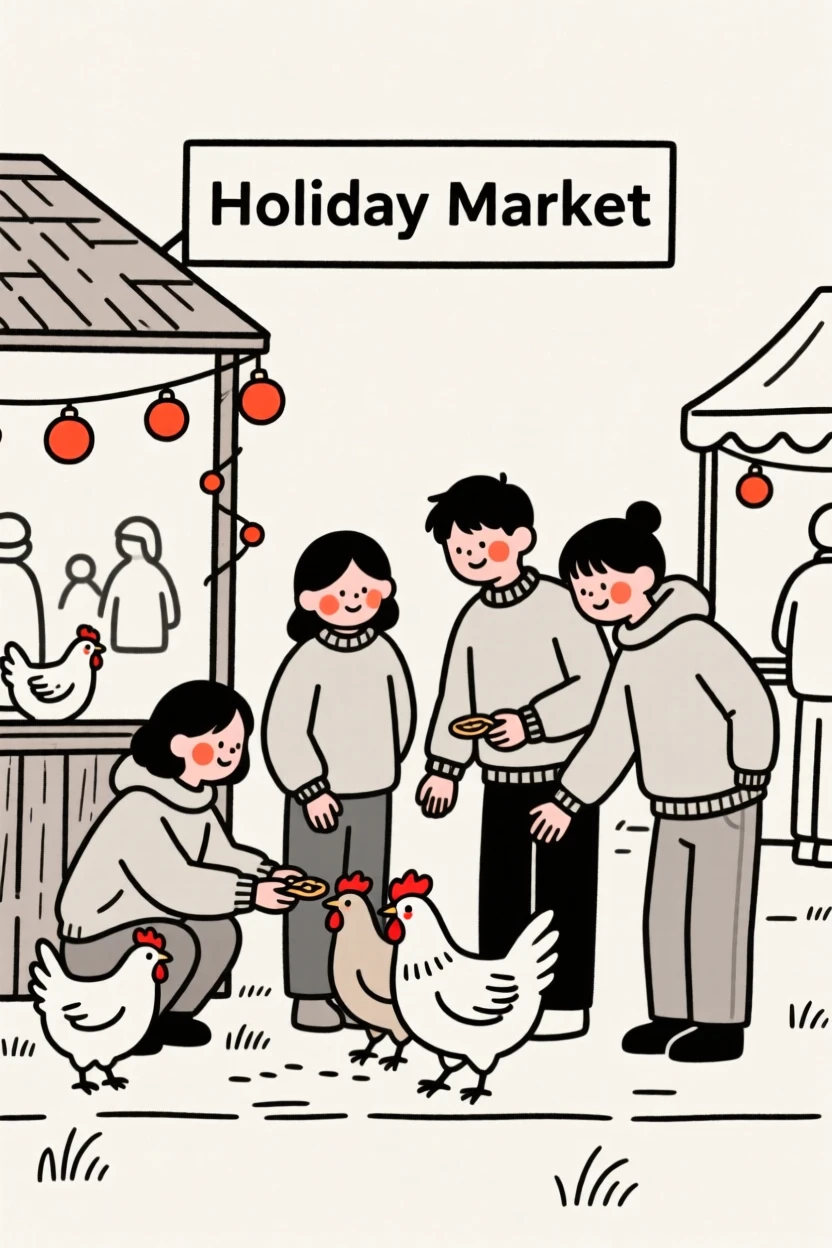 A group of friends feeding chickens on a small farm, at a bustling holiday market.