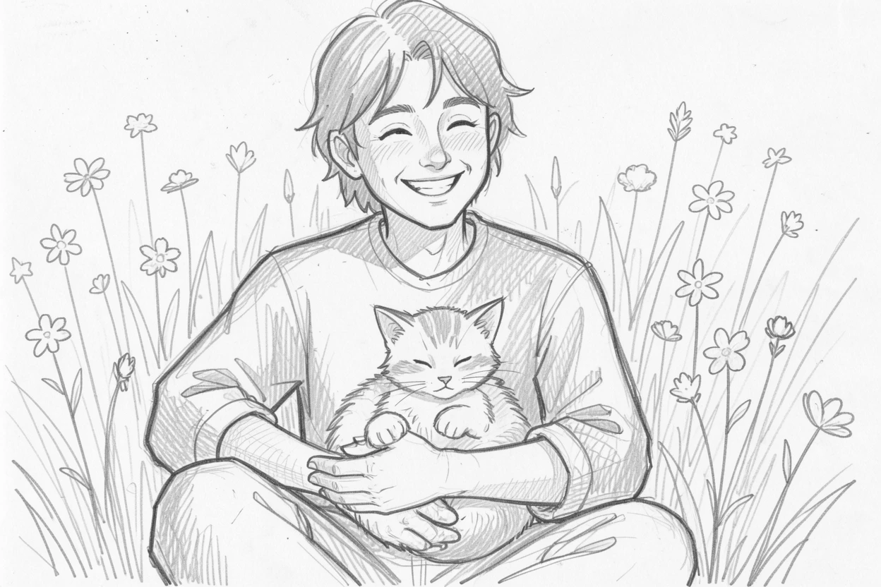 Intimate close-up of a cheerful street musician in a sunlit meadow of wildflowers, cradling a small kitten.