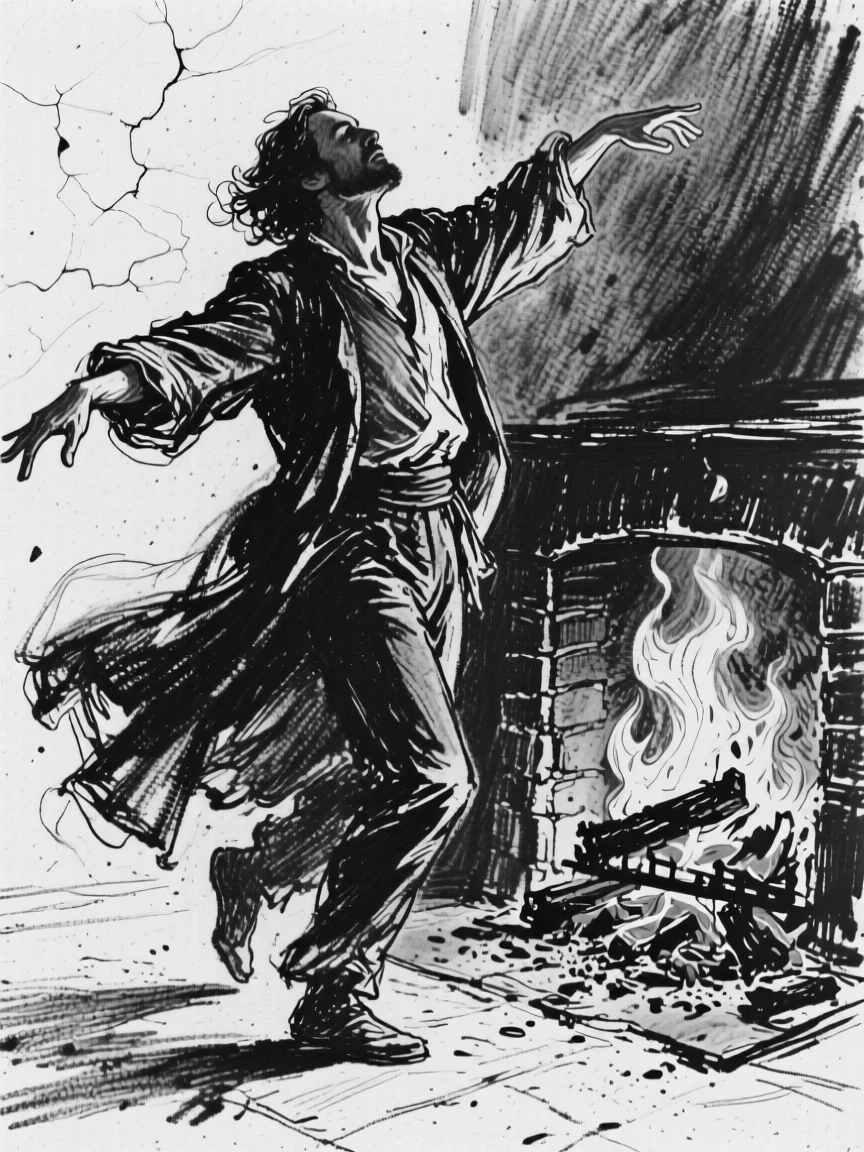 A poet dancing freely with arms outstretched, beside a crackling fireplace.