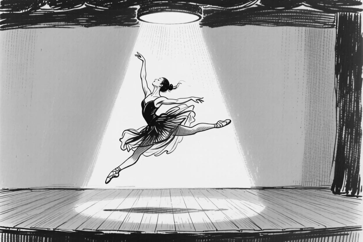 A dancer captured mid-leap on an empty stage, spotlight illuminating her graceful form.