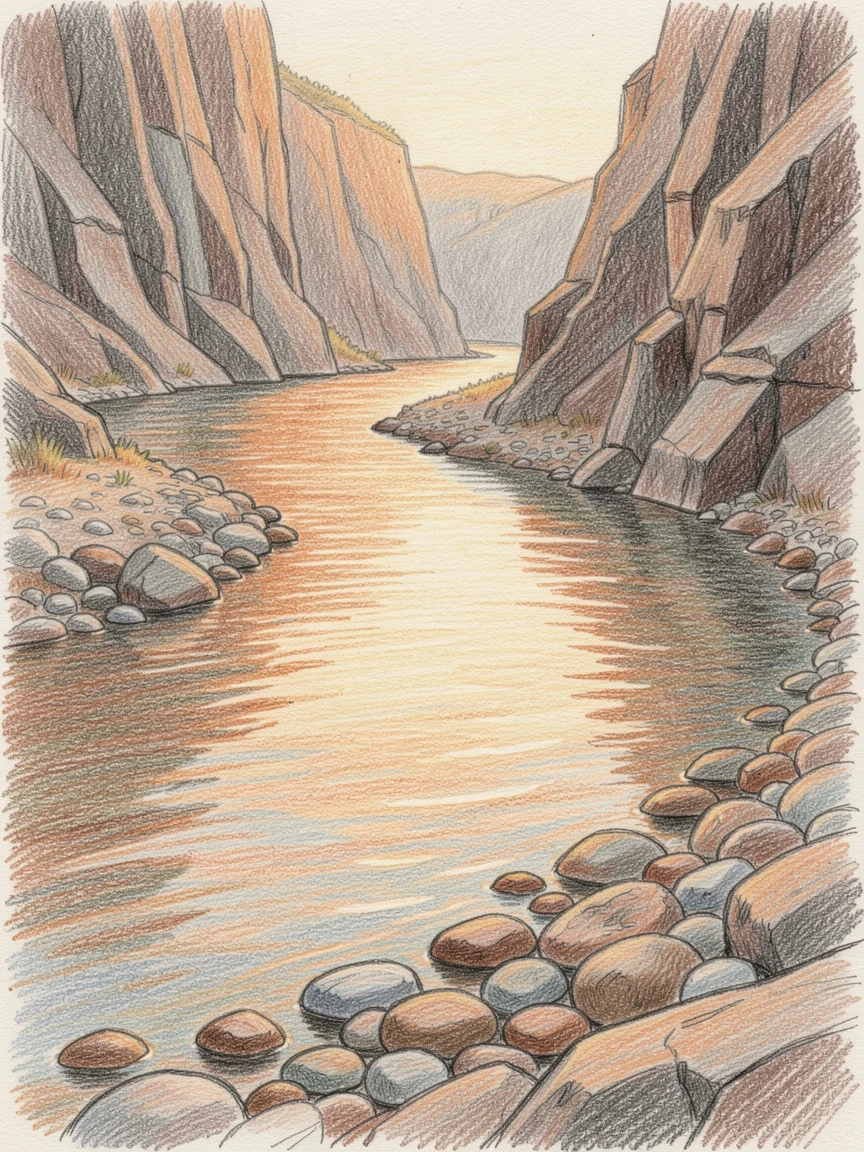 A canyon river bend glowing amber in the late afternoon light, bordered by smooth river stones and quiet still water, capturing a fleeting, magical moment in nature.