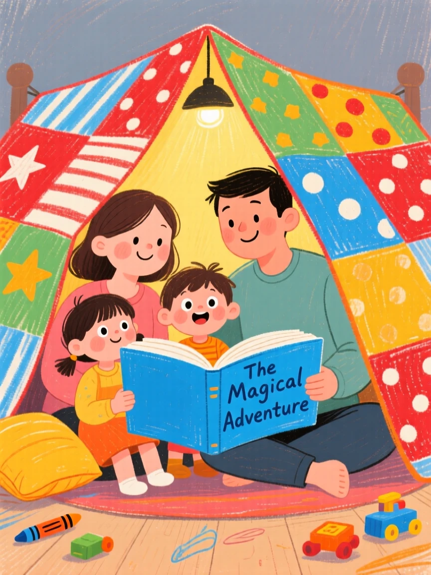 A family of four reading a bedtime story under a blanket fort.
