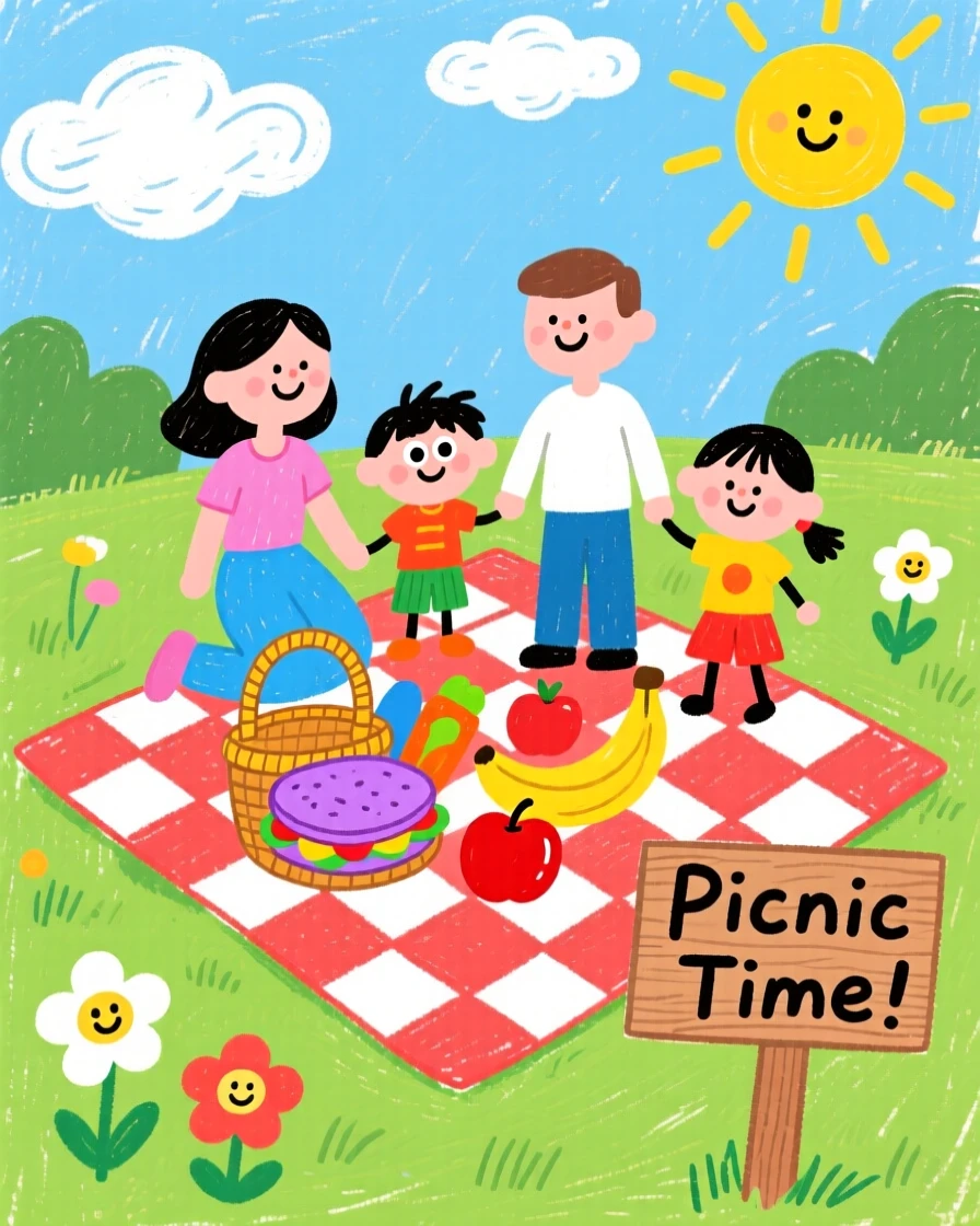 A family picnic in the park with a checkered blanket and a basket of food.