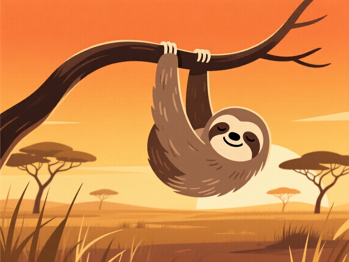 A sloth hanging upside down with a calm smile, positioned against a warm golden savanna at sunset, positioned slightly off-center following the rule of thirds, with a sense of playful curiosity captured perfectly.