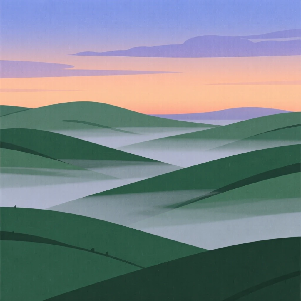 A dusk view of rolling green hills, with layers of mist rolling through the valleys below.