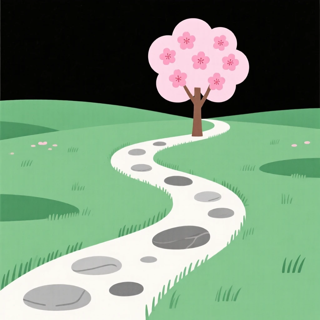 A winding path through a spring meadow after rain leading toward a cherry blossom tree, with smooth river stones scattered along the way, radiating quiet wonder.