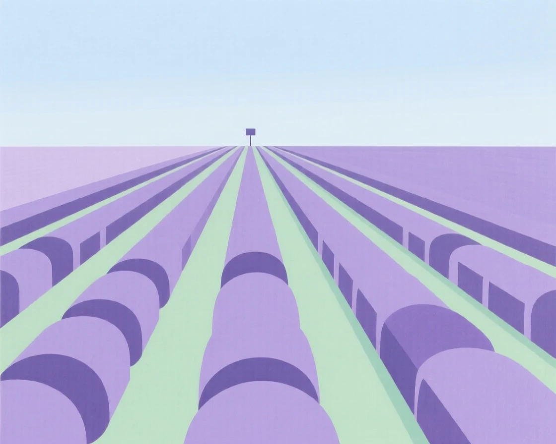A field of lavender rows extending into the distance