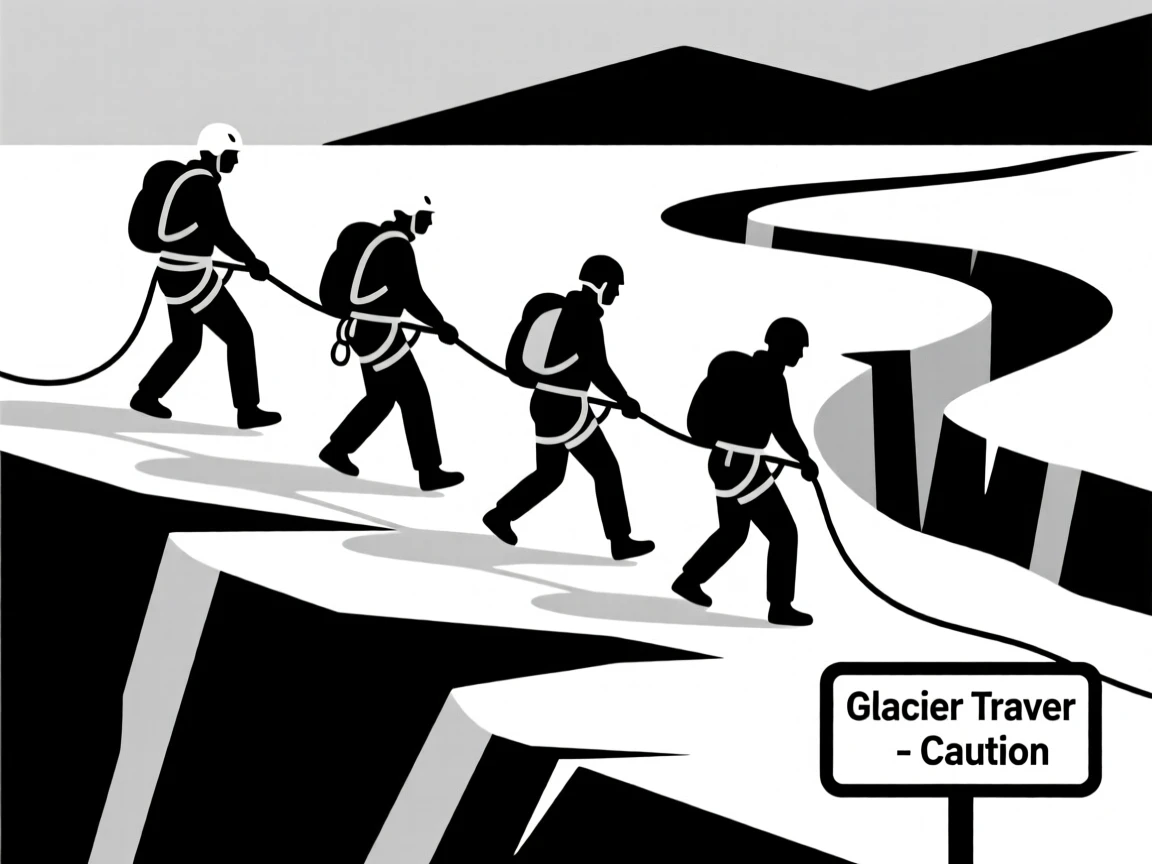 A group of climbers roped together crossing a glacier.