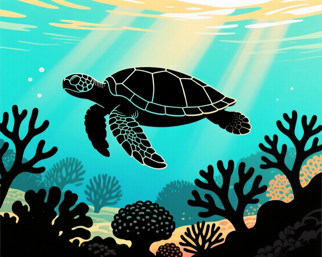 A sea turtle gliding slowly over a coral reef, sunlight filtering down through the water above.