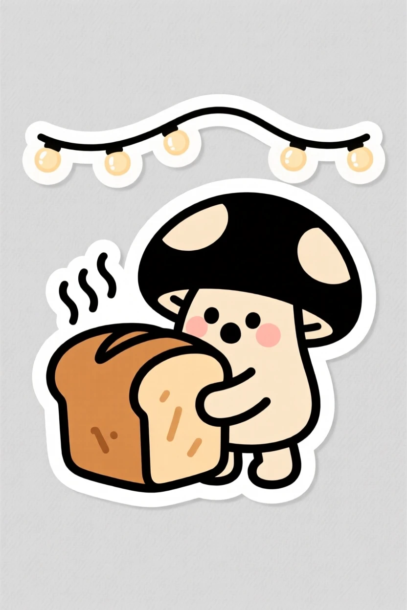 A surprised tiny mushroom creature hugging a warm loaf of bread, under a string of fairy lights.