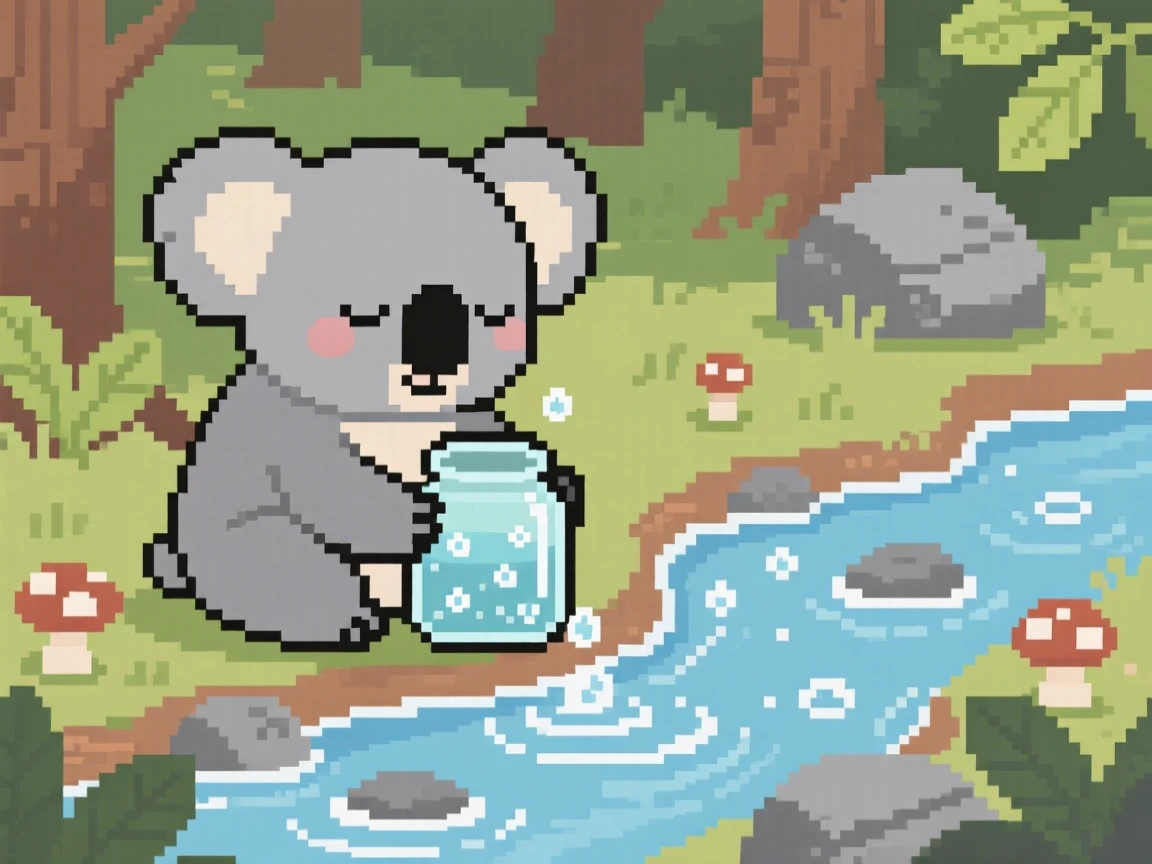 A sleepy koala collecting dewdrops in a jar, beside a bubbling woodland stream.