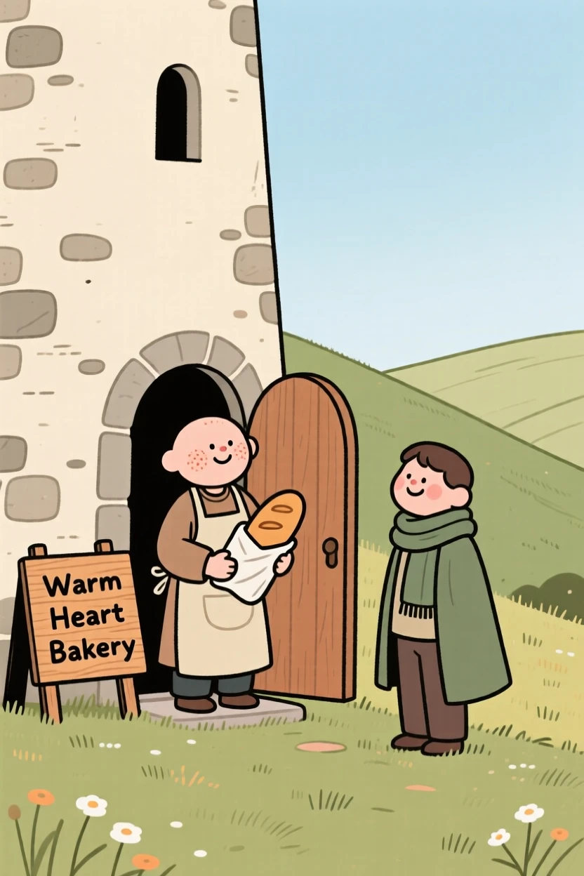 A gentle baker stands at the door of a stone tower tucked into a hillside meadow, welcoming a weary traveler inside from the cold.