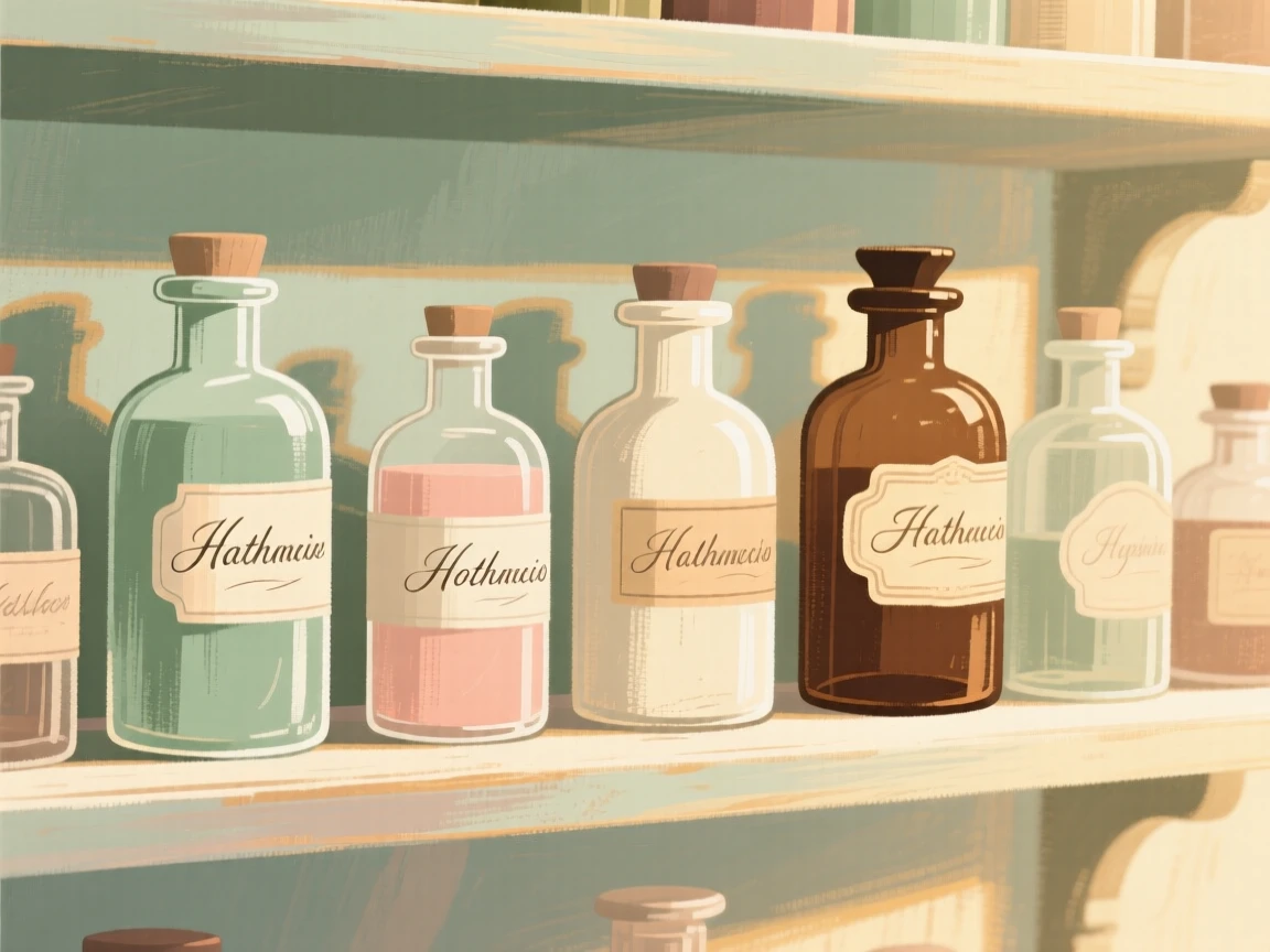 A shelf of vintage apothecary bottles labeled in elegant script