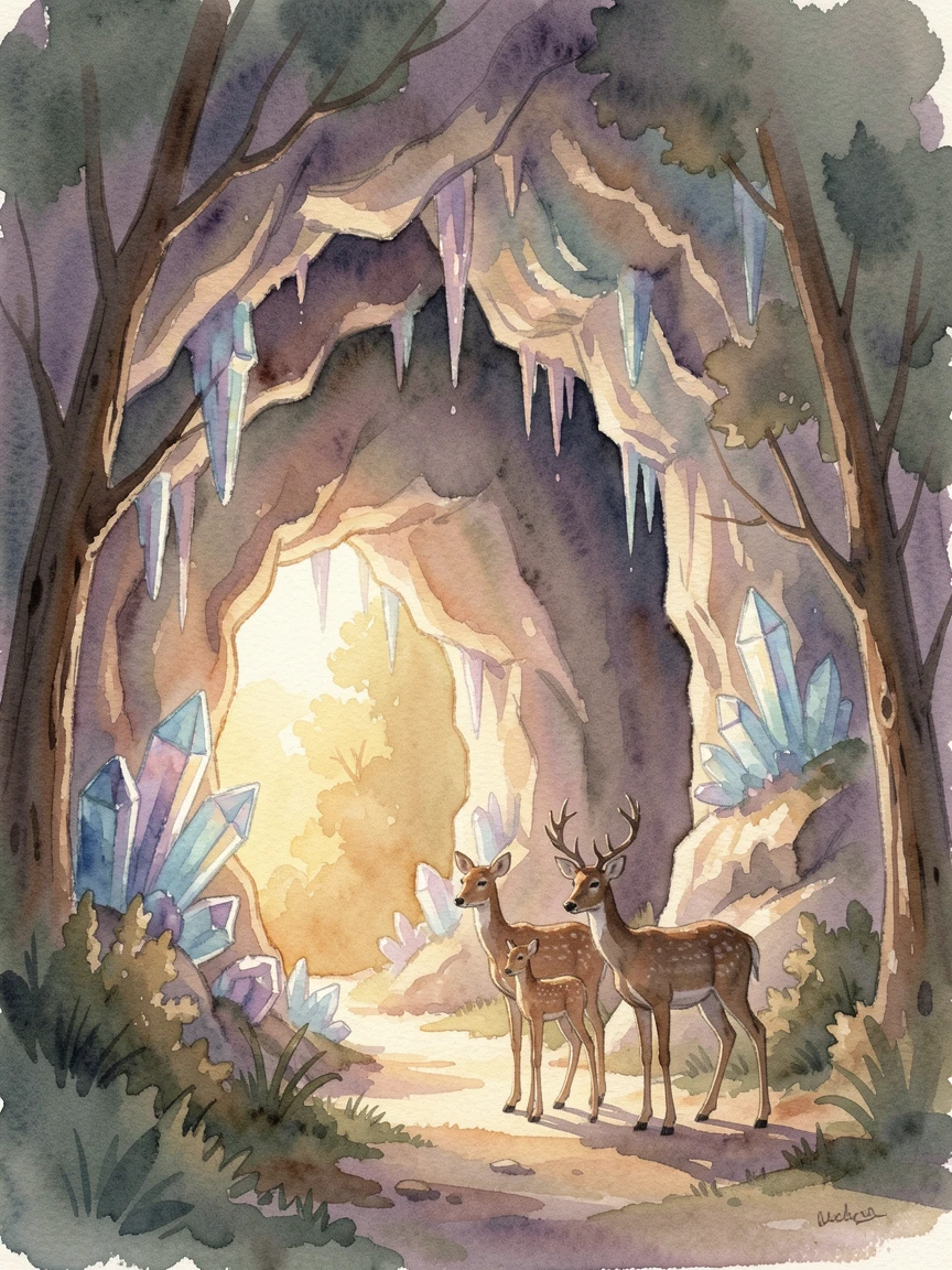 A cave with glowing crystals at golden hour with a family of deer at the tree line.
