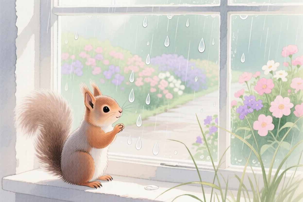 A baby squirrel watches raindrops on a window in a blooming garden path, while a gentle breeze stirs the grass