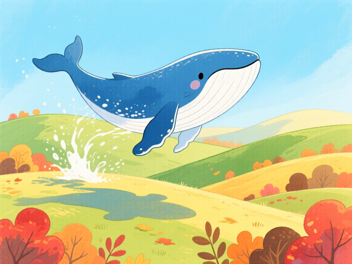 A majestic humpback whale playing joyfully in a rolling green hillside on a crisp autumn afternoon.