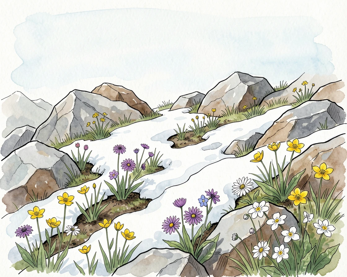 A rocky alpine meadow above the treeline, wildflowers pushing through patches of lingering snow