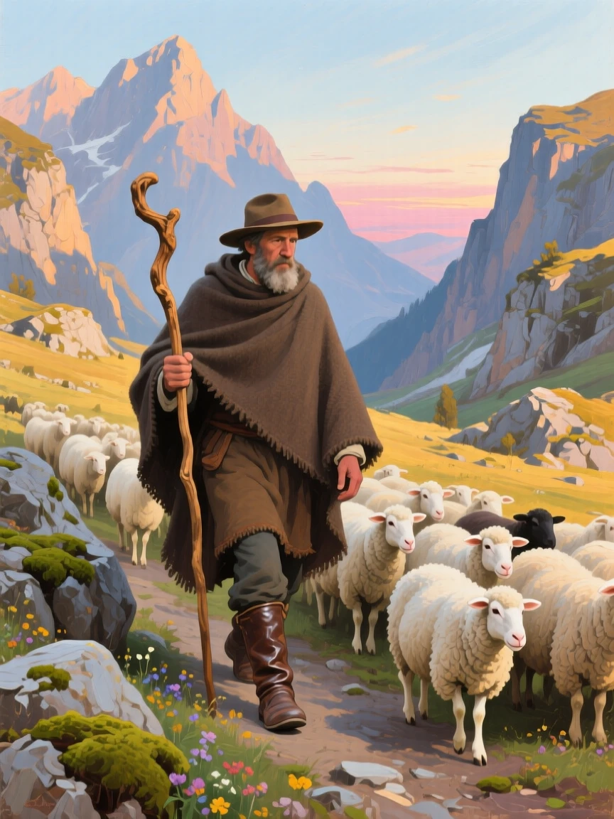 a shepherd leading sheep through a high mountain pass, during a quiet late afternoon, with a balanced, spacious view of the surroundings.